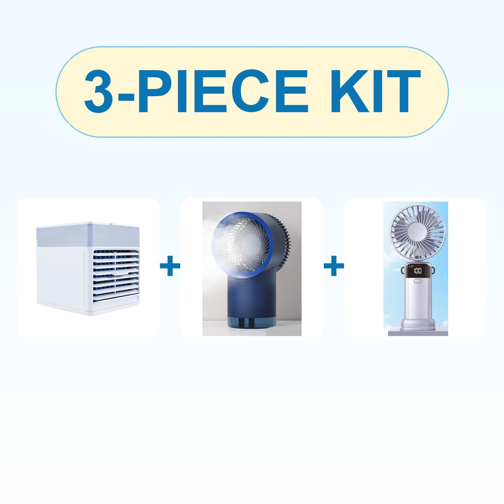 The Ultimate Cooling Bundle: portable air cooler, misting fan and handheld fan 3-piece kit